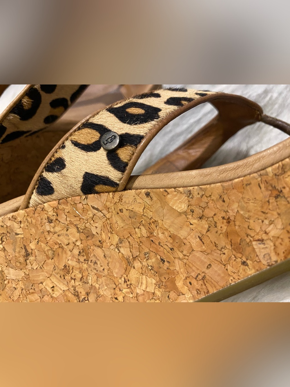 UGG Tan Leather Sandal with Leopard Print Strap - Picture 4 of 7